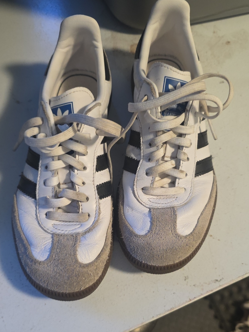 adidas Kids White Sneakers with Black Stripes and Gray Suede Toe